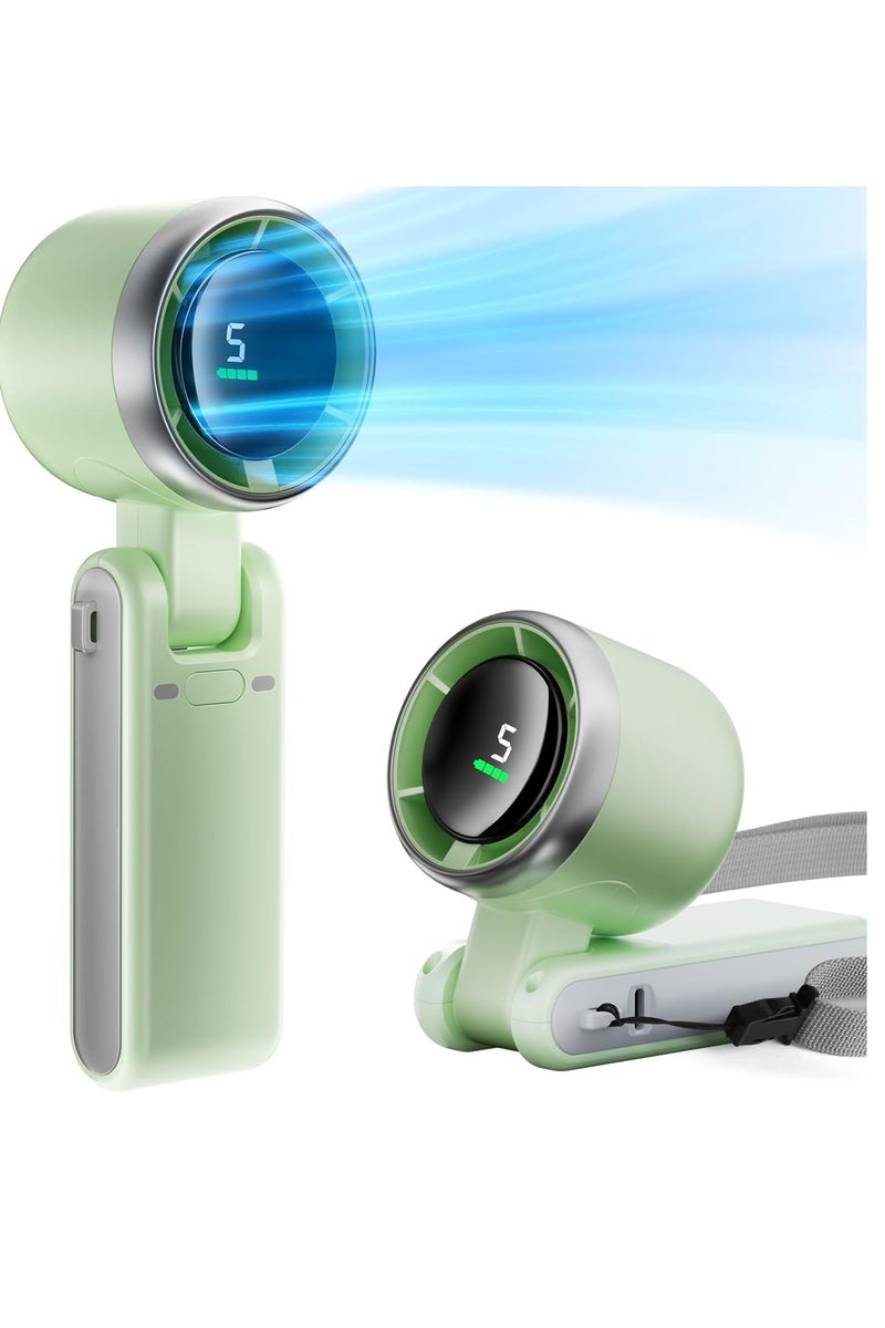 التلقيم قابلة للطي مروحة صغيرة محمولة عالية السرعة قابلة لإعادة الشحن، 5 تير رياح، بطارية مشغلة، ما يصل إلى 12 ساعة عمل للأنشطة في الهواء الطلق، السفر، العمل، سفر الرجال النساء للتخييم، الأخضر - Image 1