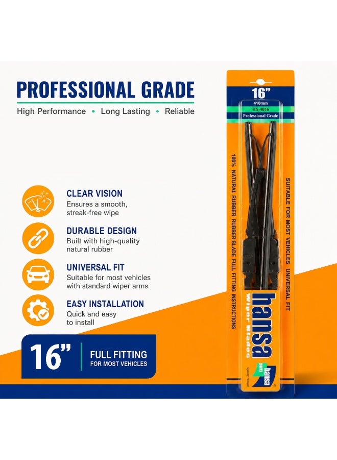 HANSA 16 Inch (410mm) Universal Car Windshield Wiper Blade Set, Premium Natural Rubber Wiper Blades, Metal Frame Windshield Wipers, All Season Rain Wiper, Streak Free Cleaning, Quiet Operation, Easy Installation, Front Glass Wiper Blades for Cars ERPCWP 10046 - Image 3