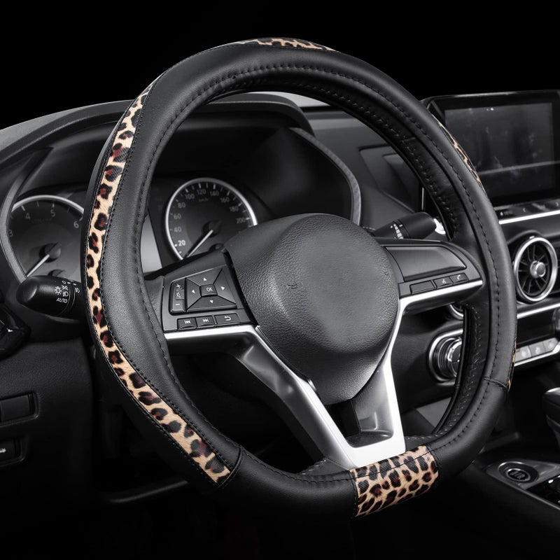 Road Comforts DType Steering Wheel Cover  Made with PVC Leather and Leopard Fabric  Universal Fit for 15Inch DShaped Automotive Steering Wheels Black Color