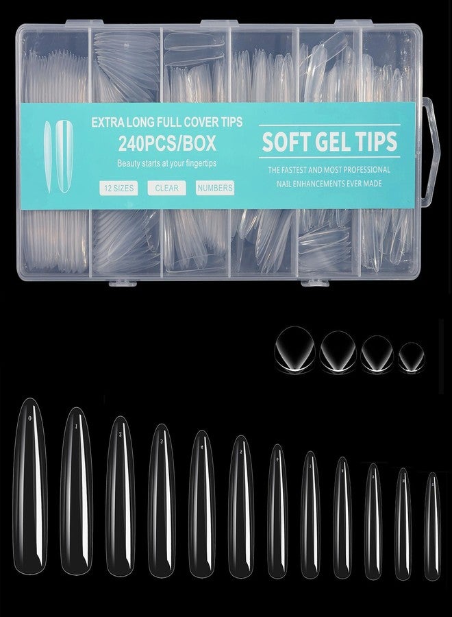 Cycullinyt Long Round Nail Tips, 240Pcs Full Cover Soft Gel Nail Tips Pre-Etched 2XL Clear Acrylic False Nail Fake Nail Extension Press On for Salon Home DIY 12 Sizes - Image 1