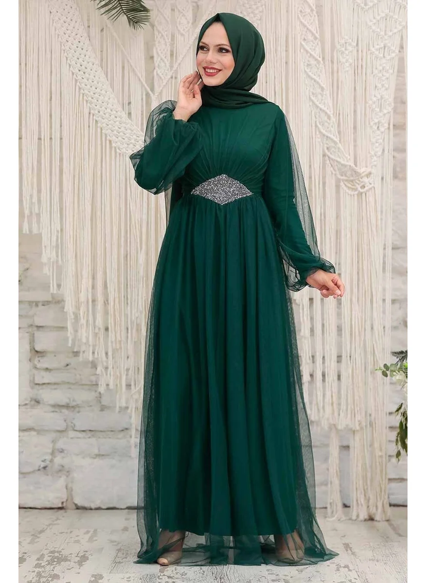 Neva Style Hijab Evening Dress - Tulle Green Hijab Evening Dress 54230Y