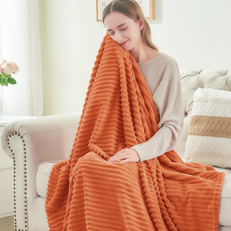 BEDELITE Fall Throw Blanket for Couch - 3D Ribbed Jacquard Soft & Warm Decorative Burnt Orange Blanket, Cozy, Plush, Fluffy, Fuzzy Fleece Throw Blanket for Bed, Sofa 50x60Inches - Image 4