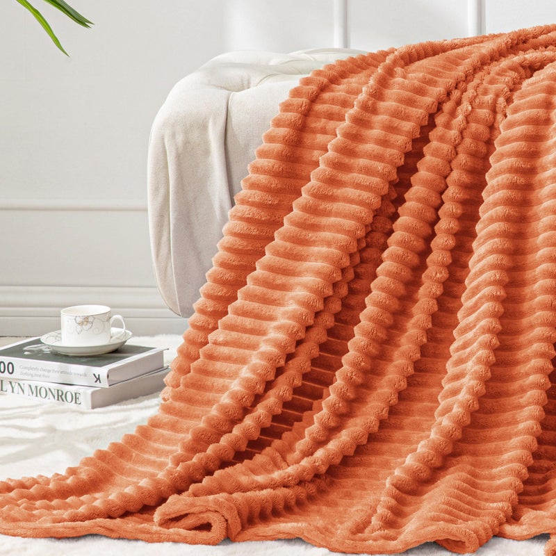 BEDELITE Fall Throw Blanket for Couch - 3D Ribbed Jacquard Soft & Warm Decorative Burnt Orange Blanket, Cozy, Plush, Fluffy, Fuzzy Fleece Throw Blanket for Bed, Sofa 50x60Inches - Image 1