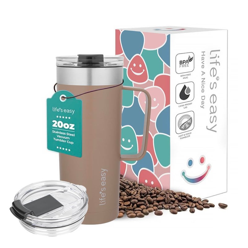 Lifes Easy 20oz Stainless Steel Mug wHandle Double Wall Insulated Travel Tumbler wFlip Lid Leak Proof TumblerThermal Cup for Coffee Tea More Keep Hot Cold Drinks Brown 20 oz