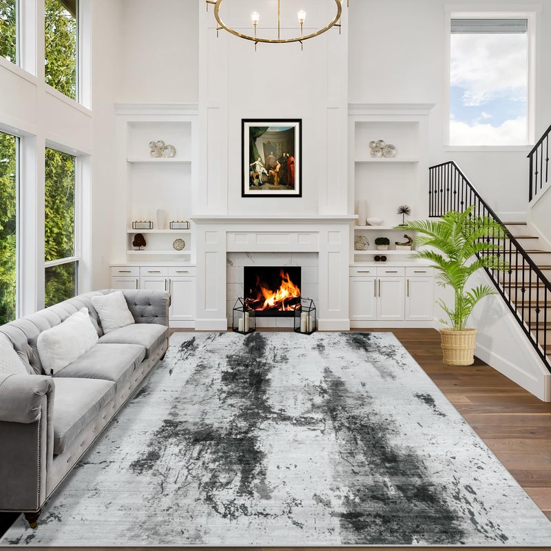 Gent drizz 9x12 Area Rugs Washable Rug: Modern Abstract Living Room Rug Soft Anti-Skid Thin Carpet Indoor Floor Non-Shedding Carpets for Bedroom Dining Room Farmhouse Nursery Home Office Black White Grey - Image 1