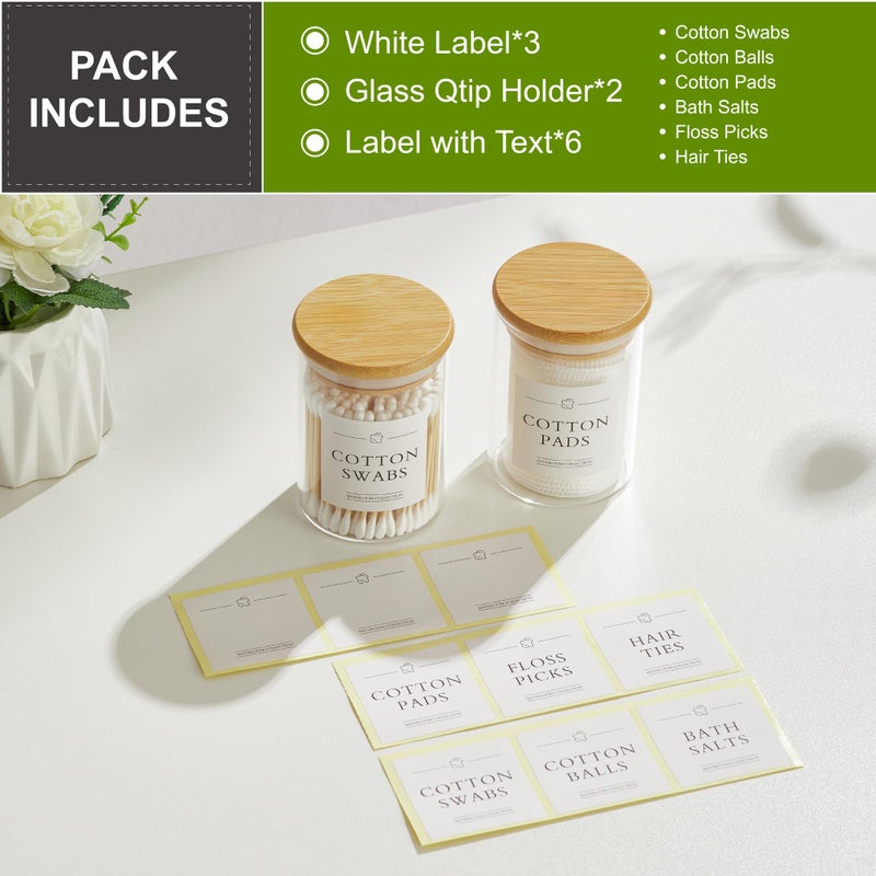 INIUNIK 2 Pack Qtip Holder Dispenser - Glass Apothecary Jars with Lids, Cotton Ball Pad Swab Round Holder, Bamboo Bathroom Accessories, Bathroom Organizers Containers Jars Canisters with Lids - Image 2