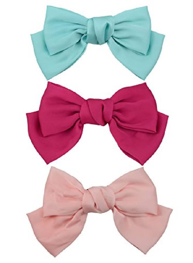 Thaoya 3Pack Fashion Doubledeck Chiffon Large Solid Color Bowknot Hair Clip Women Girls Headband Hair Bow Accessories (Roseo Pink And Light Blue) - Image 3