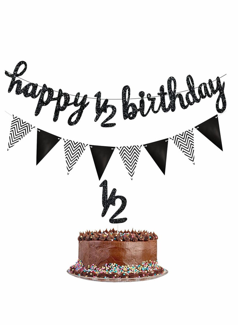 Excefore 6 Months Banner Happy Birthday Banner Happy Birthday Banner Glitter Cake Topper Triangle Flag Banner for Half Year Baby Shower Birthday Party Decoration - Image 4