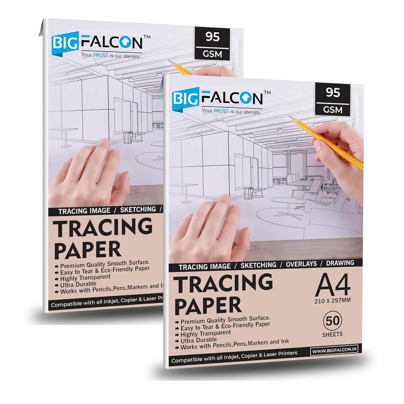 BIGFALCON Premium Artists Tracing 100 Sheets A4 210X297mm Size 95 GSM Translucent for PencilMarker and Ink Trace ImagesSketchDrawingStampScreen Making for InkjetLaser Printer