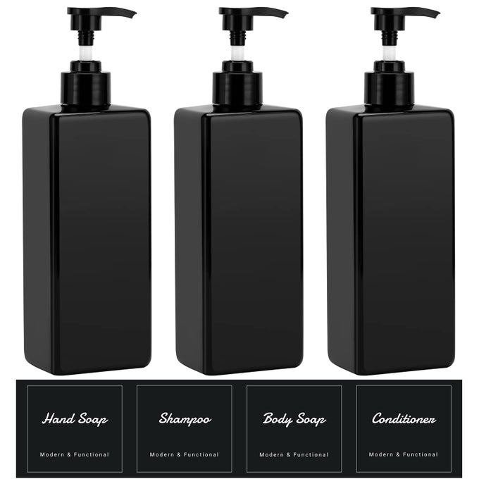 SHAMPOO AND CONDITIONER DISPENSER SET 3PACK 169OZ BATHROOM COUNTERTOP SOAP BOTTLE WITH 4PCS LABLES PLASTIC REFILLABLE DISPENSER WITH PUMP FOR KITCHEN OFFICE TRAVEL RESTURANT BLACK