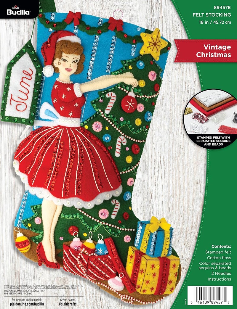 Bucilla, Vintage Christmas 18" Felt Applique Stocking Making Kit, Perfect for DIY Holiday Needlepoint Arts and Crafts, 89457E - Image 1