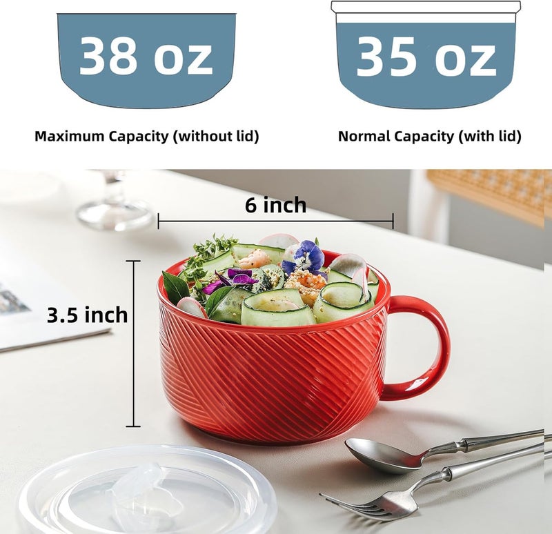 Adewnest Soup Bowl with Handle & Lid: 38 oz Extra Large Ceramic Food Container for Ramen, Cereal, Breakfast, Meal Prep, Office Lunch, Dorm Living - Microwave Safe, 6 Inch, Red - Image 2