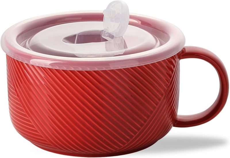 Adewnest Soup Bowl with Handle & Lid: 38 oz Extra Large Ceramic Food Container for Ramen, Cereal, Breakfast, Meal Prep, Office Lunch, Dorm Living - Microwave Safe, 6 Inch, Red - Image 1