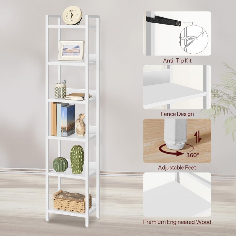 MAHANCRIS Bookshelf, 6-Tier Bookcase, Standing Book Shelf for Small Space, Storage Shelf Organizer, for Living Room, Bedroom, Study, Balcony, White BKBW6601 - Image 4