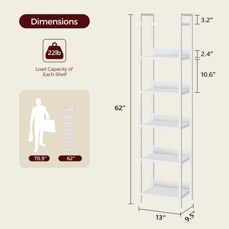 MAHANCRIS Bookshelf, 6-Tier Bookcase, Standing Book Shelf for Small Space, Storage Shelf Organizer, for Living Room, Bedroom, Study, Balcony, White BKBW6601 - Image 3