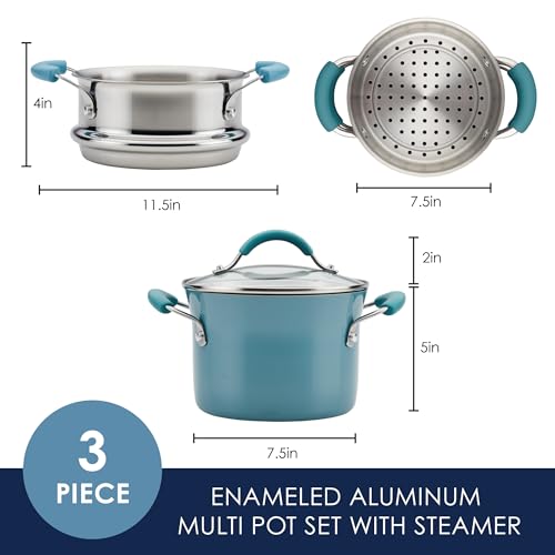 Rachael Ray Cucina Hard Porcelain Enamel Nonstick Multi-Pot / Steamer Set, 3-Quart, Agave Blue - 16799 - Image 3