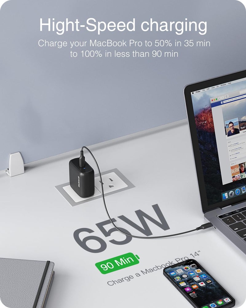Nekteck شاحن Nekteck 65 واط USB C GaN II مع كابل بطول 6.6 قدم، PD 3.0 PPS [معتمد من USB-IF] شاحن حائط صغير وقابل للطي سريع متوافق مع iPhone15، MacBook Air/Pro، iPad Air/Pro، Galaxy S21/S20 والمزيد. - Image 2