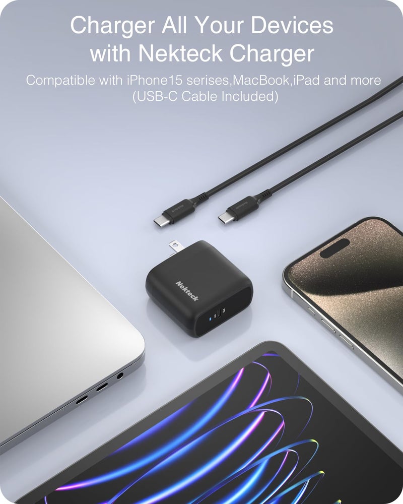 Nekteck شاحن Nekteck 65 واط USB C GaN II مع كابل بطول 6.6 قدم، PD 3.0 PPS [معتمد من USB-IF] شاحن حائط صغير وقابل للطي سريع متوافق مع iPhone15، MacBook Air/Pro، iPad Air/Pro، Galaxy S21/S20 والمزيد. - Image 3