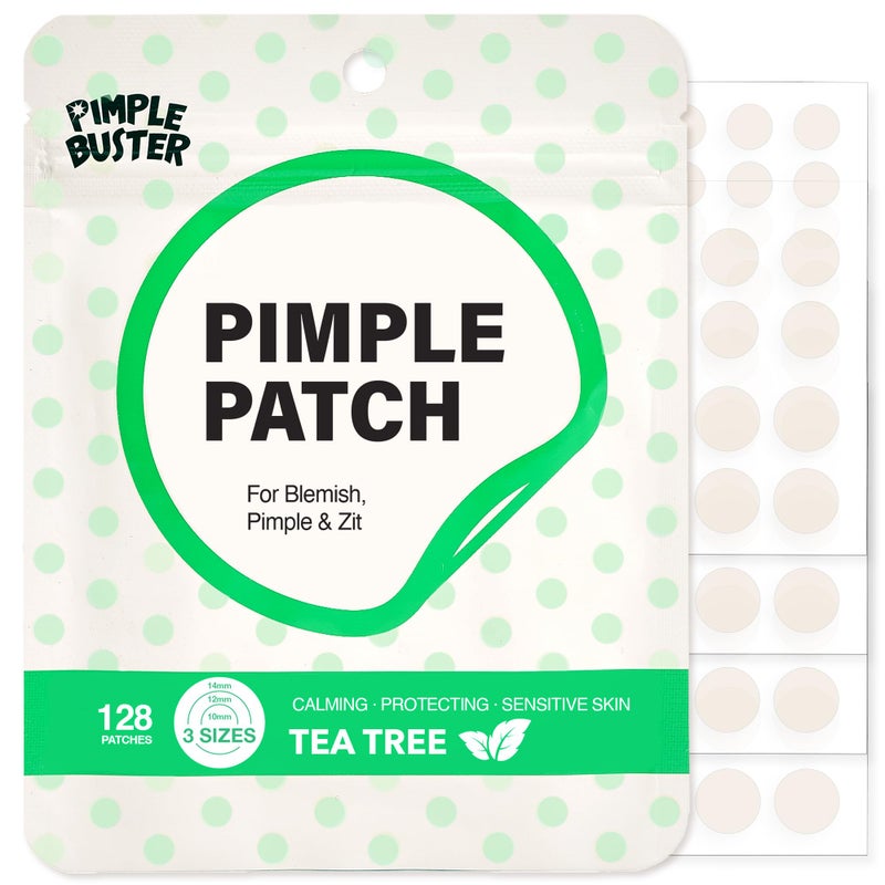 EBIN NEW YORK Pimple Buster Tea Tree Hydrocolloid Acne Patches for Face, 128 Pack (10mm, 12mm, 14mm), Absorb Zits, Shield Spot, All Skin Types - Image 1