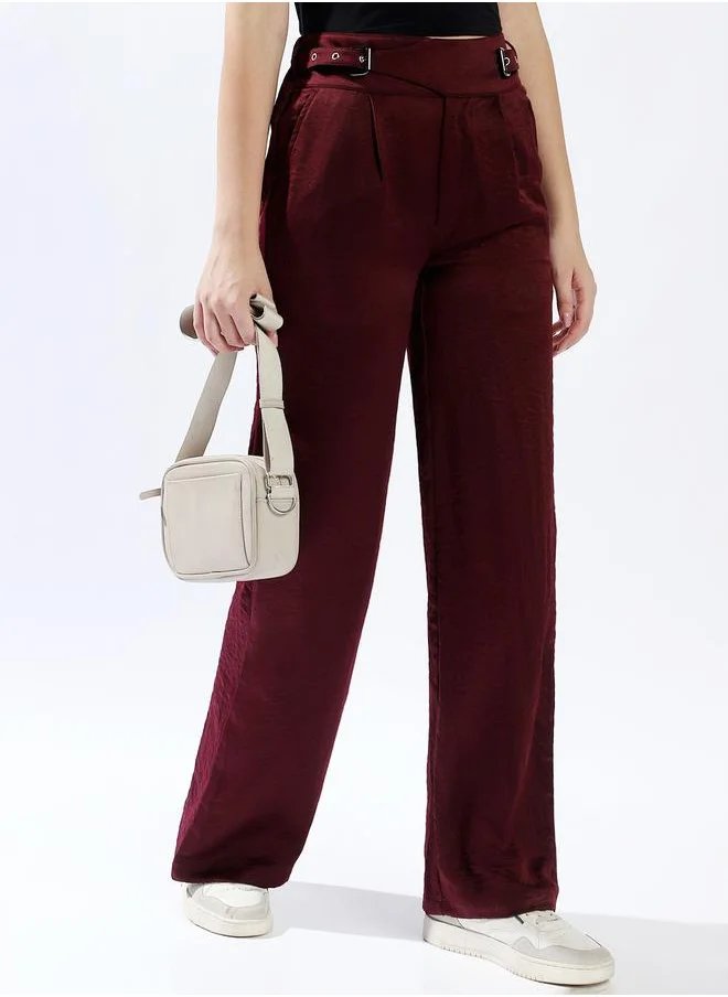 هاي ستار Women Trousers, Wide Leg, Solid, Port royale, in 100% Polyester, Zip closure, Woven weave, High-Rise waist, perfect for Casual. Stay ahead of the trend!