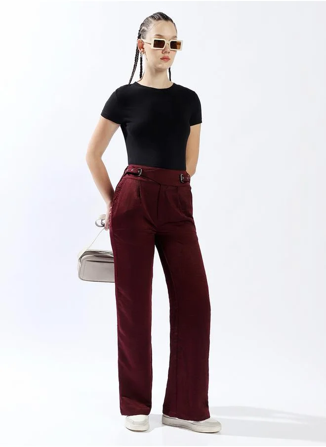 هاي ستار Women Trousers, Wide Leg, Solid, Port royale, in 100% Polyester, Zip closure, Woven weave, High-Rise waist, perfect for Casual. Stay ahead of the trend!