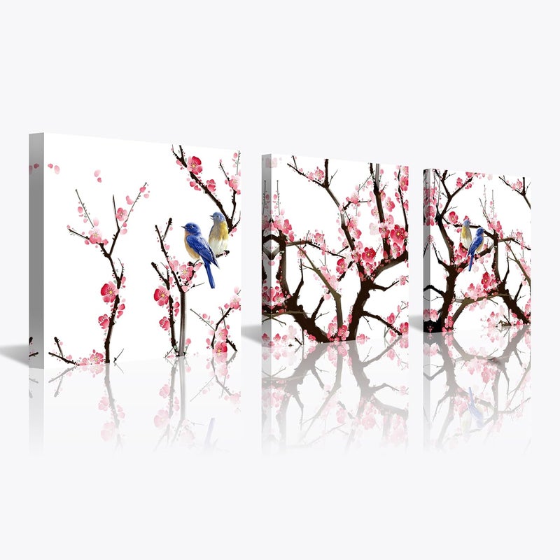 NAN Wind 3PCS Chinese Cherry Blossom Canvas Wall Art Pink Plum Flowers with Blue Birds Wall Decor - Image 1