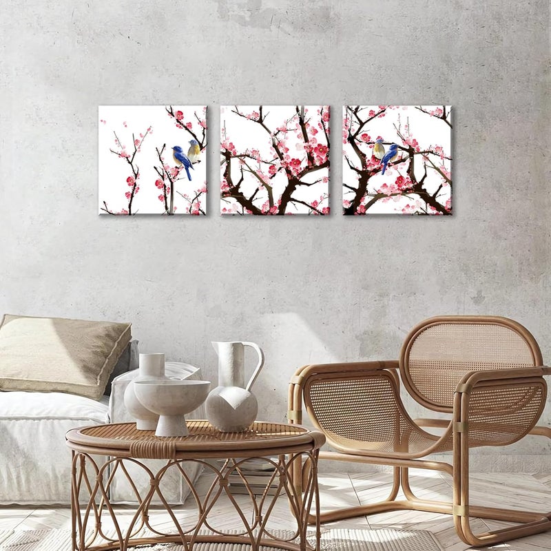 NAN Wind 3PCS Chinese Cherry Blossom Canvas Wall Art Pink Plum Flowers with Blue Birds Wall Decor - Image 5