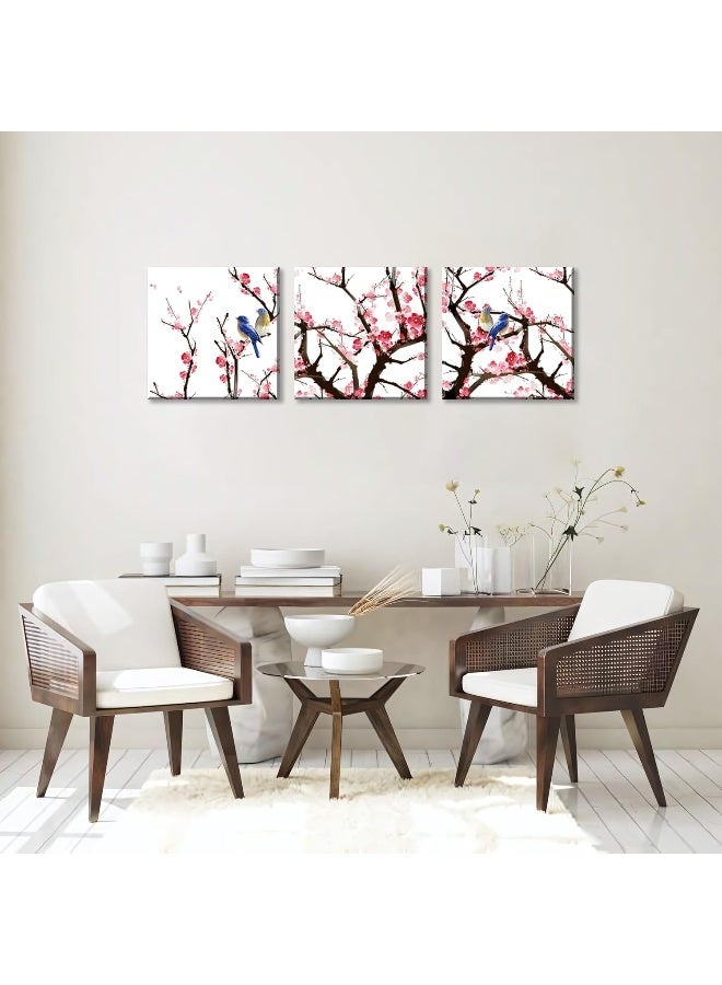 NAN Wind 3PCS Chinese Cherry Blossom Canvas Wall Art Pink Plum Flowers with Blue Birds Wall Decor - Image 3