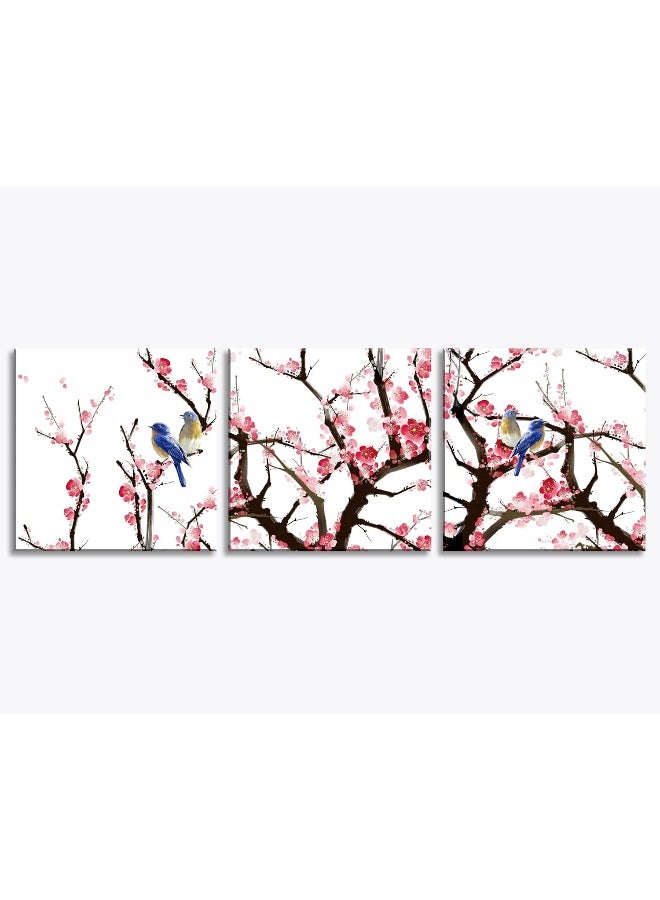 NAN Wind 3PCS Chinese Cherry Blossom Canvas Wall Art Pink Plum Flowers with Blue Birds Wall Decor - Image 2