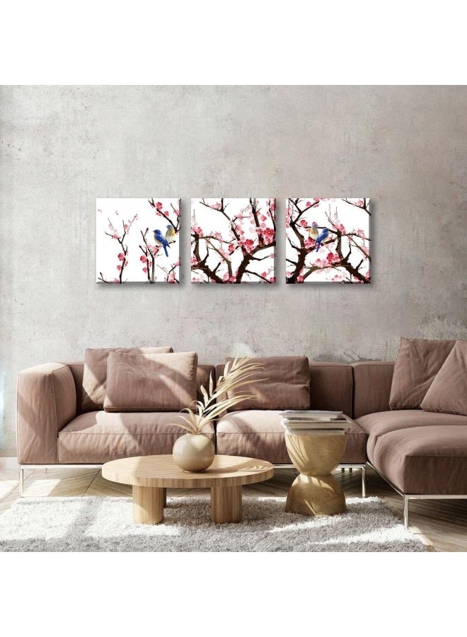 NAN Wind 3PCS Chinese Cherry Blossom Canvas Wall Art Pink Plum Flowers with Blue Birds Wall Decor - Image 4