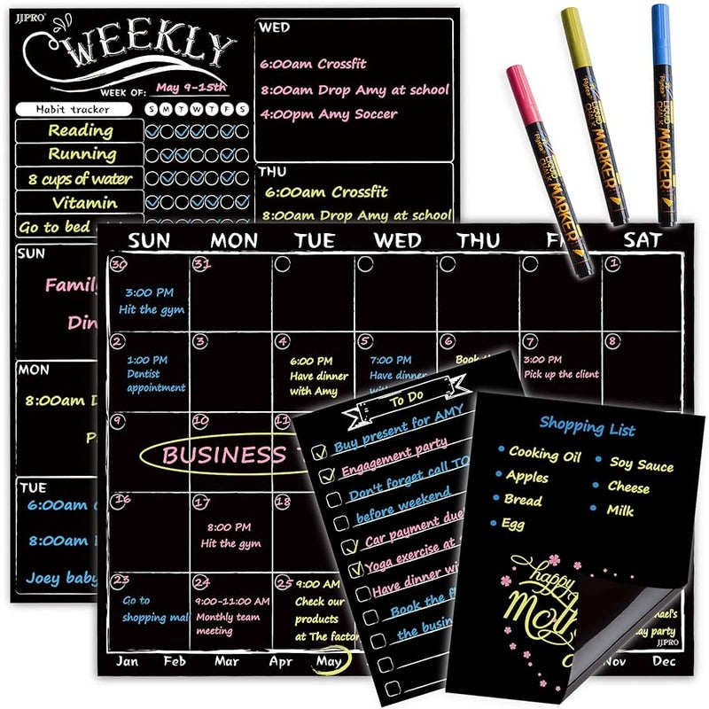 JJPRO Magnetic Chalkboard Monthly Calendar - Weekly Planner Blackboard Combo Set w/Neon Bright Liquid Chalk Markers - Bonus Grocery List and Notepad Blackboard for Refrigerator Included - Image 1