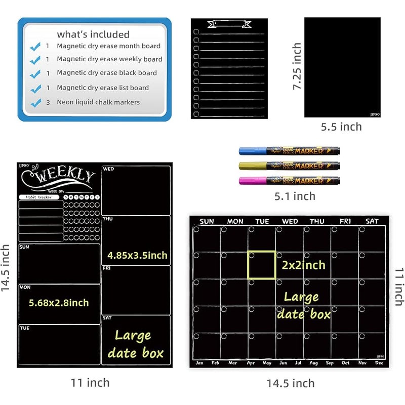 JJPRO Magnetic Chalkboard Monthly Calendar - Weekly Planner Blackboard Combo Set w/Neon Bright Liquid Chalk Markers - Bonus Grocery List and Notepad Blackboard for Refrigerator Included - Image 2