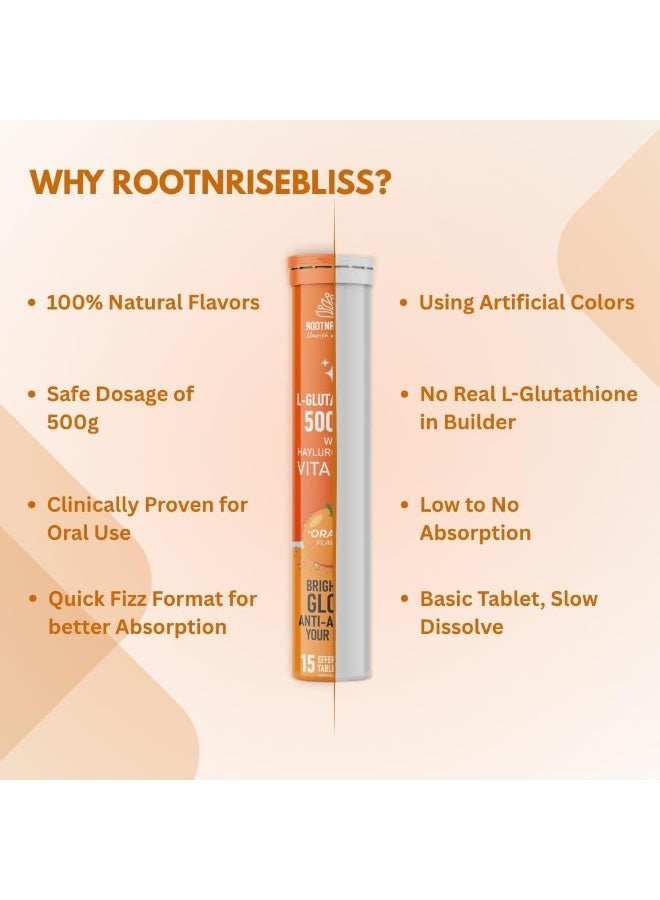 ROOTNRISEBLISS أقراص L-جلوتاثيون مع فيتامين C - بنكهة البرتقال | تفتيح البشرة، مكافحة الشيخوخة ودعم إزالة السموم | تحسين لون البشرة، الإشراقة والمناعة | 15 قرص فوّار - Image 4