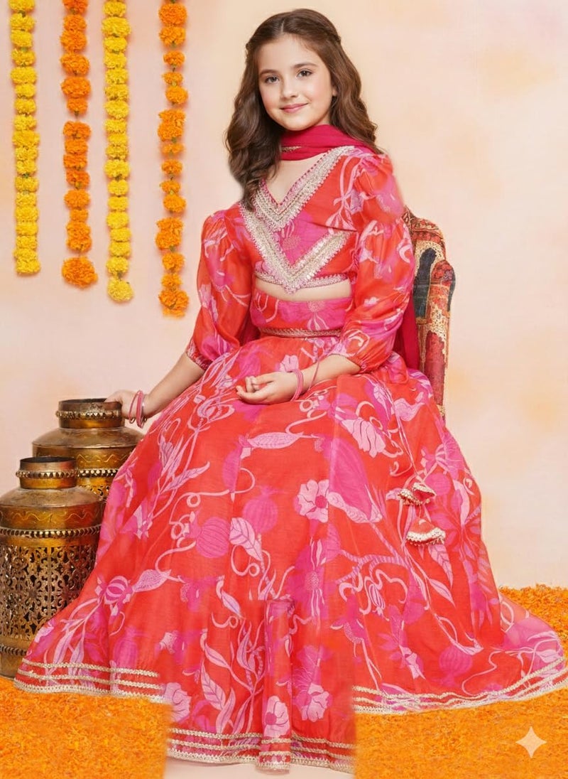 Naixa Girls Red Chanderi V Neck 3/4 Sleeve Floral Printed Choli and Lehenga with Dupatta Set | Latest Floral Designer Printed Lehenga Choli Set for Girls (SE09_11-12 Year) - Image 5