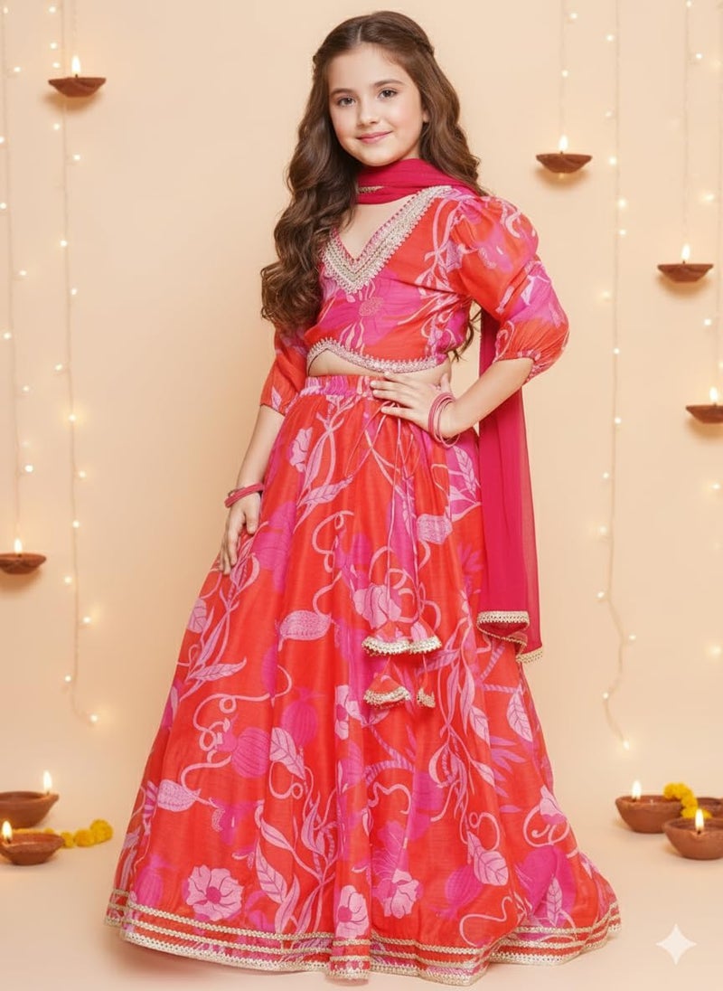 Naixa Girls Red Chanderi V Neck 3/4 Sleeve Floral Printed Choli and Lehenga with Dupatta Set | Latest Floral Designer Printed Lehenga Choli Set for Girls (SE09_11-12 Year) - Image 2