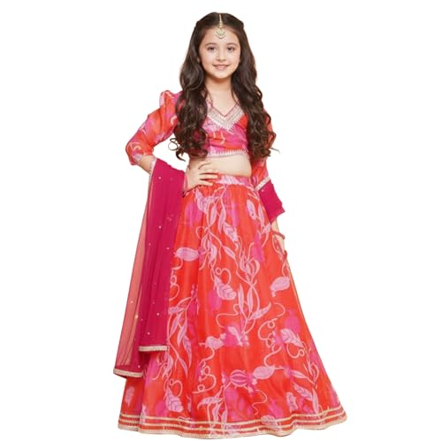 Naixa Girls Red Chanderi V Neck 3/4 Sleeve Floral Printed Choli and Lehenga with Dupatta Set | Latest Floral Designer Printed Lehenga Choli Set for Girls (SE09_11-12 Year) - Image 1