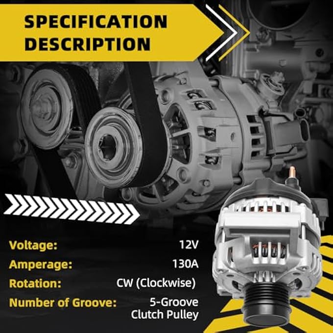 HXYBBGS 104210-1900 Alternator Compatible with Chevrolet Buick Models - Malibu 2013-2015 Impala 2014-2015 Regal 2014-2017 Envision 2017-2020 2.0L 2.5L 12V 130A 5-Groove Decoupler Pulley CW - Image 3