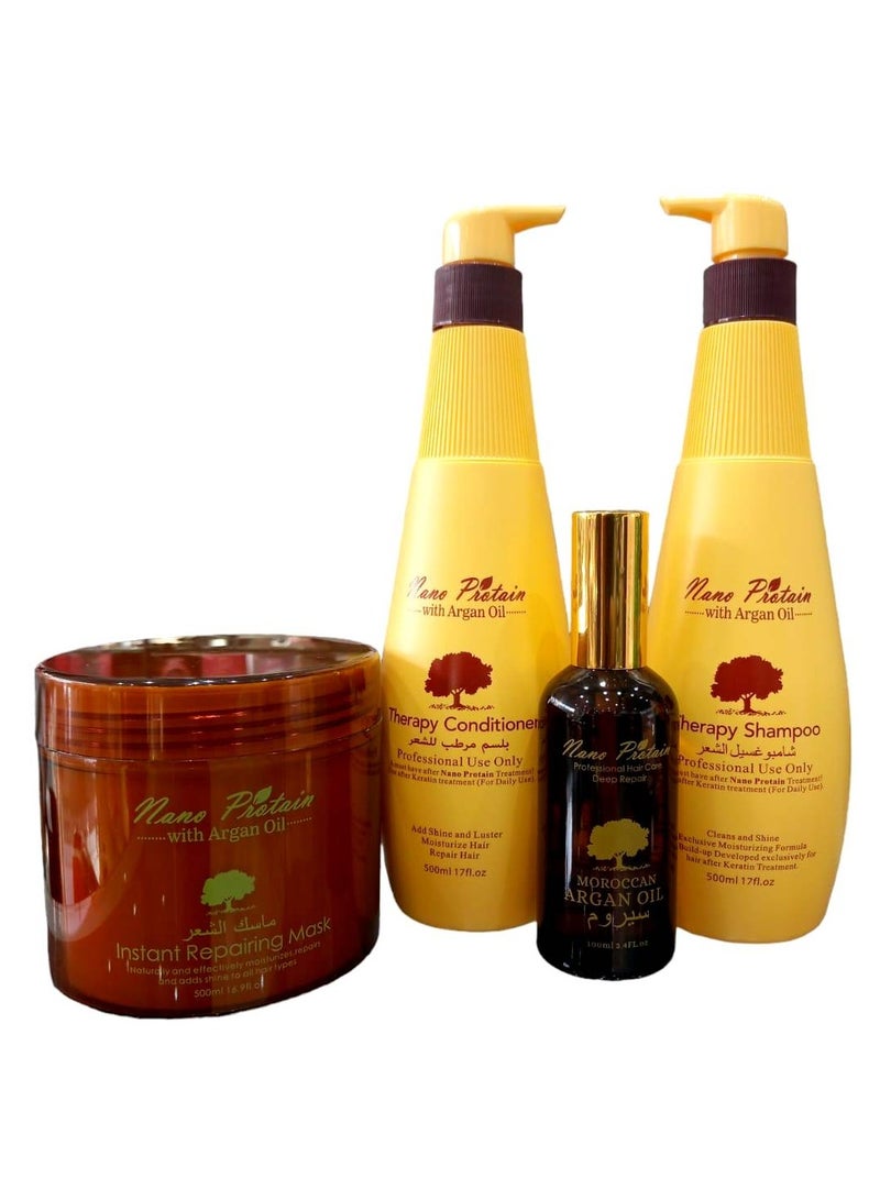 nano protain Shampoo 500 ml Conditioner 500 ml Mask 500 ml and Serum 100 ml With Argan oil.
