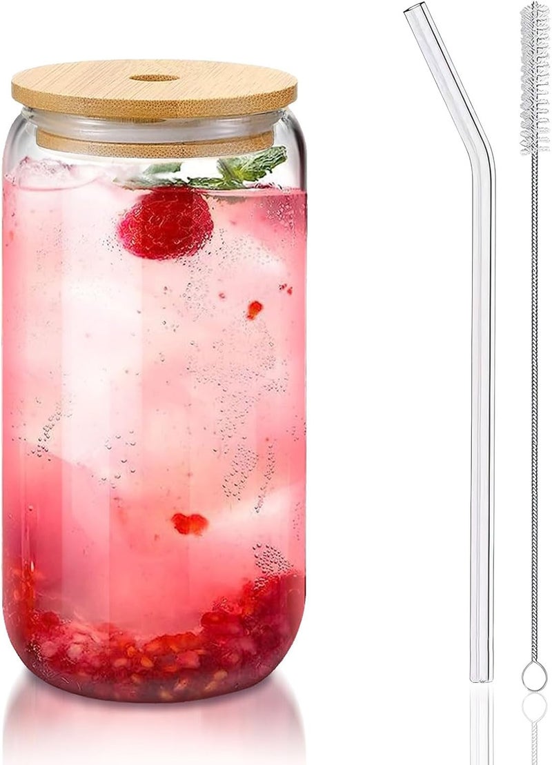 DAMCONME Glass Cups with Lids and Straws 1Pack,Glass Coffee Cups,Glass Cup with Lid for Iced Coffee,Smoothie,Cocktail,Beer,Whiskey,Soda,Matcha,16 Oz Glass Cup with Bamboo Lid,1 Brush - Image 1