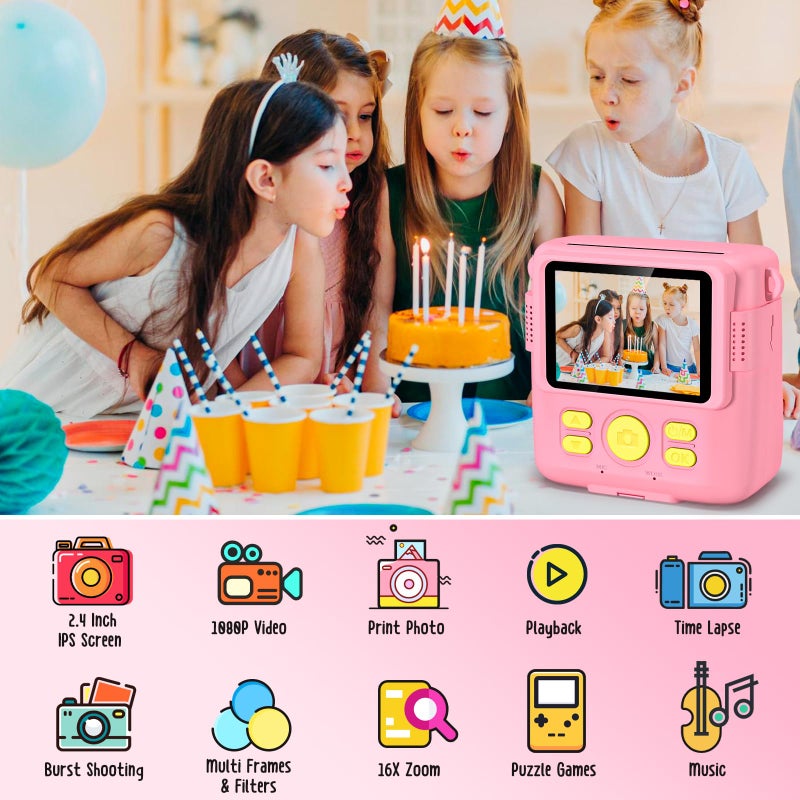 Gofunly Children's Camera, Instant Camera, 2.4 Inch Screen, 1080P Video Camera, Children, Instant Print with 32GB Card & 3 Rolls of Printing Paper, Gift for Children 3-12 Years - Image 2
