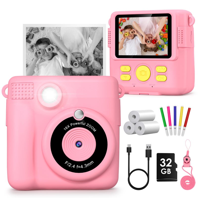 Gofunly Children's Camera, Instant Camera, 2.4 Inch Screen, 1080P Video Camera, Children, Instant Print with 32GB Card & 3 Rolls of Printing Paper, Gift for Children 3-12 Years - Image 1