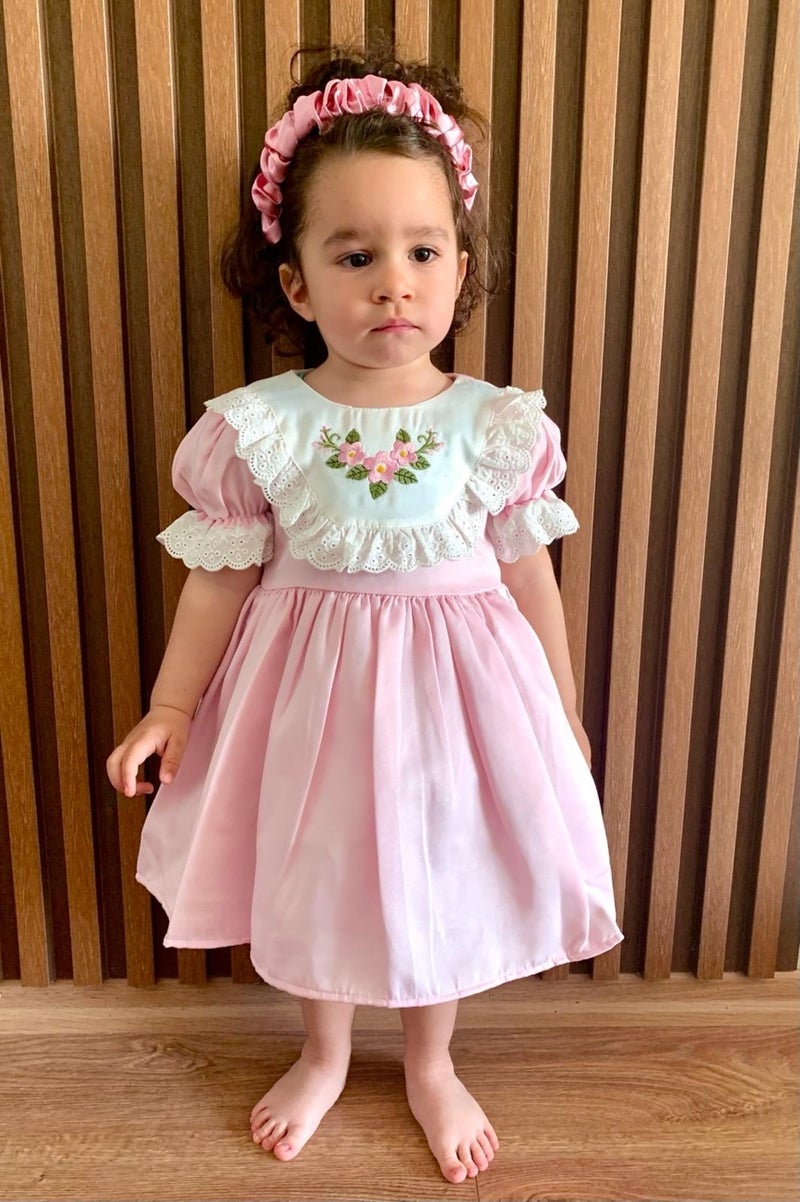 Mini Kiti Mini Kit Baby Girl Scalloped Floral Embroidered Lined Vintage Chic Holiday Birthday Special Occasion Pink Dress - Image 1