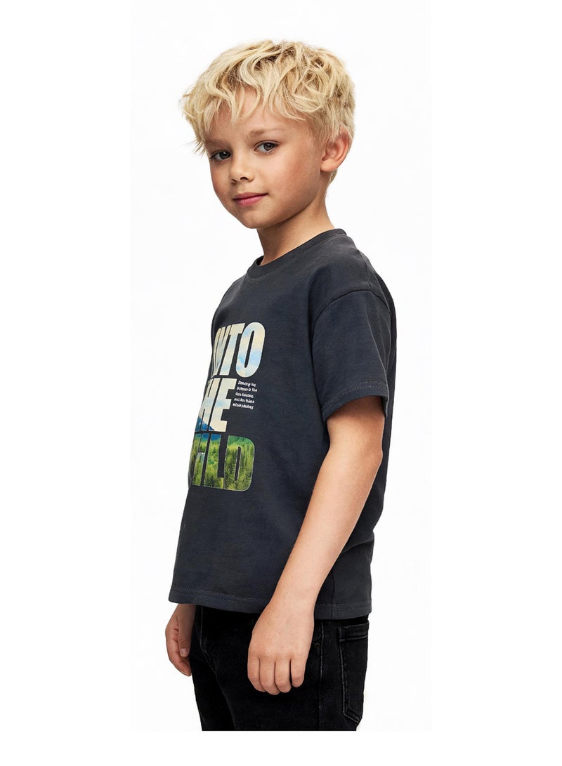 Andora Boys Shorts Sleeves Printed Summer Tee - Dark Grey - Image 3
