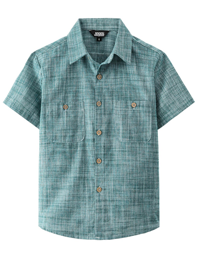 JOGAL Boys Chambray Shirts Short Sleeve Button Down Casual Cotton Woven Shirt with Two Pockets for Kids 6-14 Years DarkGreen 10 - Image 1
