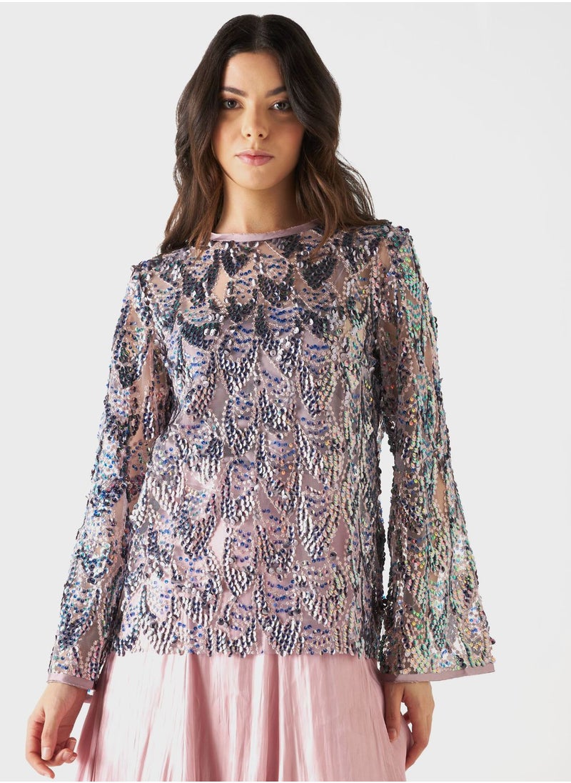 Iconic - Crew Neck Flute Sleeve Embellished Top - Image 1