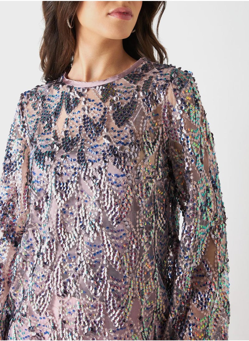 Iconic - Crew Neck Flute Sleeve Embellished Top - Image 1