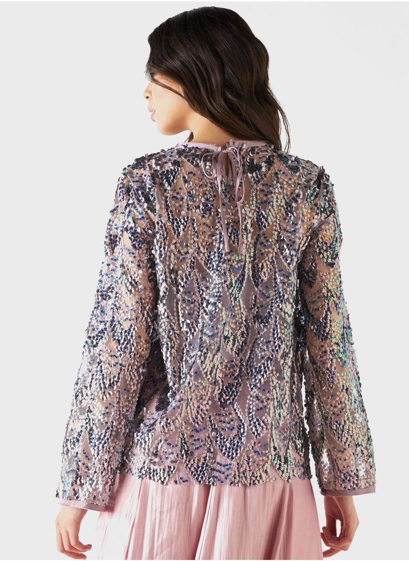 Iconic - Crew Neck Flute Sleeve Embellished Top - Image 1