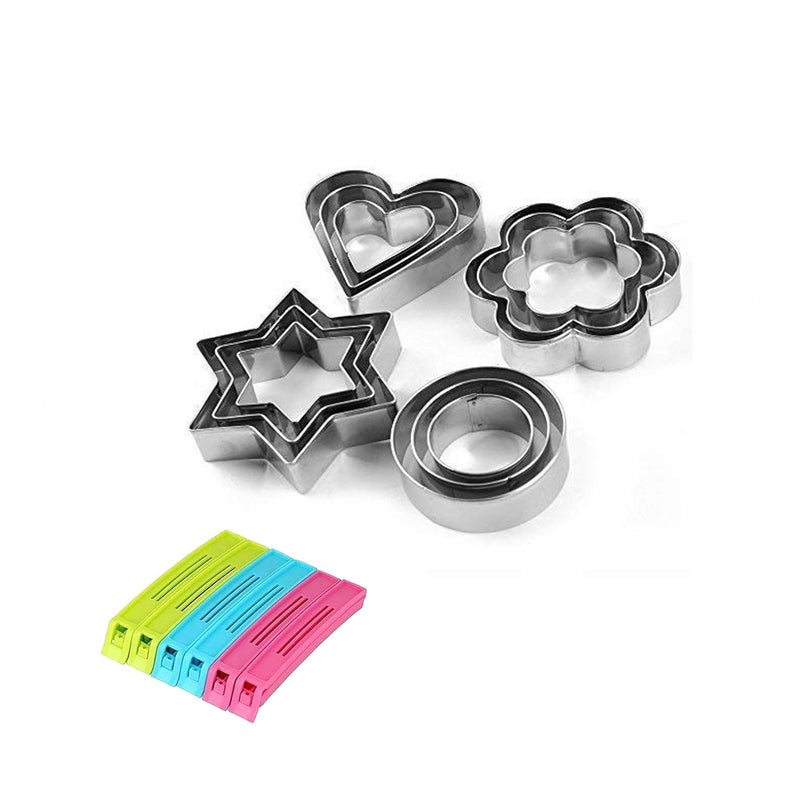 SuHaSy 11 PcsCombo 12Pcs Cookie Cutter Set Silver 6Pcs Food Bag Plastic Clip Sealer Multicolour SS Cookie Cutter - Image 1