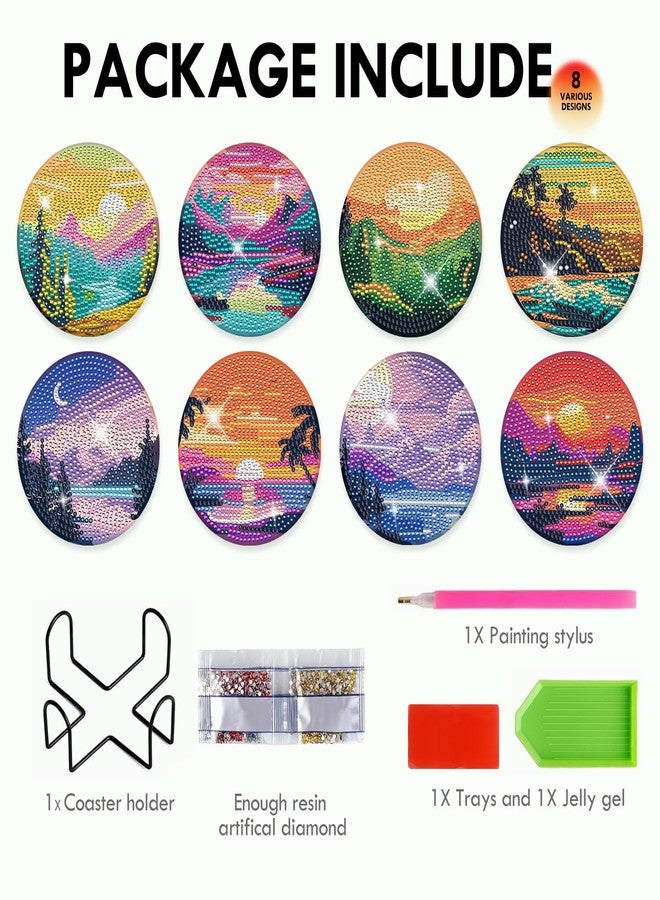 INCOK Diamond Art Painting Coasters Kit - 8 PCS Landscape Diamond Art for Adults DIY Crafts Set with Holder Sunset Sunrise Coasters Table Decor for Adult Beginners - Image 3