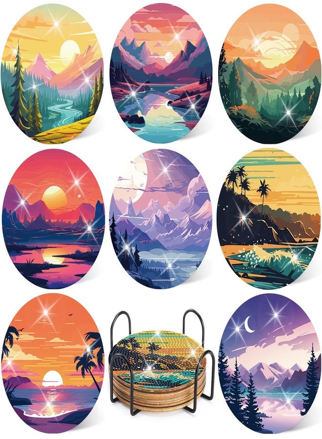 INCOK Diamond Art Painting Coasters Kit - 8 PCS Landscape Diamond Art for Adults DIY Crafts Set with Holder Sunset Sunrise Coasters Table Decor for Adult Beginners - Image 1